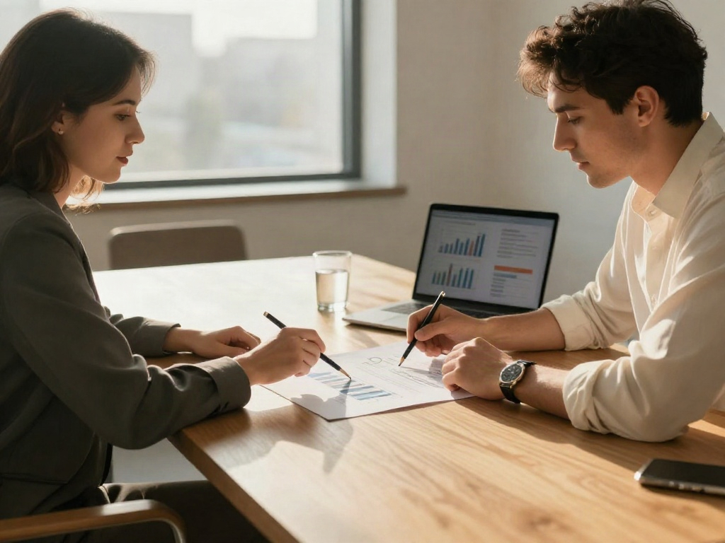 Illustration of a collaborative business review, with consultants examining printed charts in a sunlit meeting room